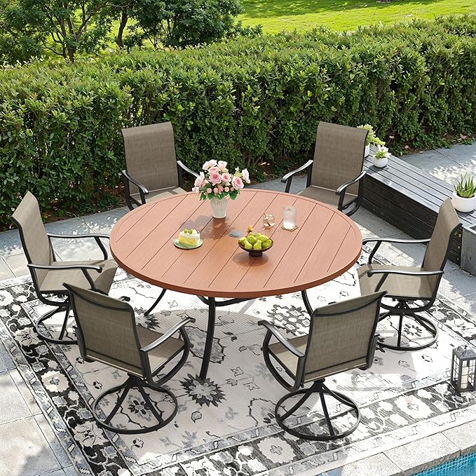 DIFY Patio Round Dining Table, 53" All Weather Round Outdoor Table with 1.57" Umbrella Hole for 8 Person, Perfect for Yard, Balcony and Lawn, Walnut