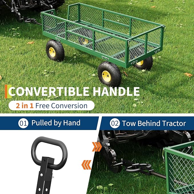 900 LBS Garden Cart on Wheels with Adjustable Handles, Heavy Duty Steel Garden Wagon with Removable Mesh Sides to Convert into Flatbed, Wagon Cart for Lawn Farm Yard, Green