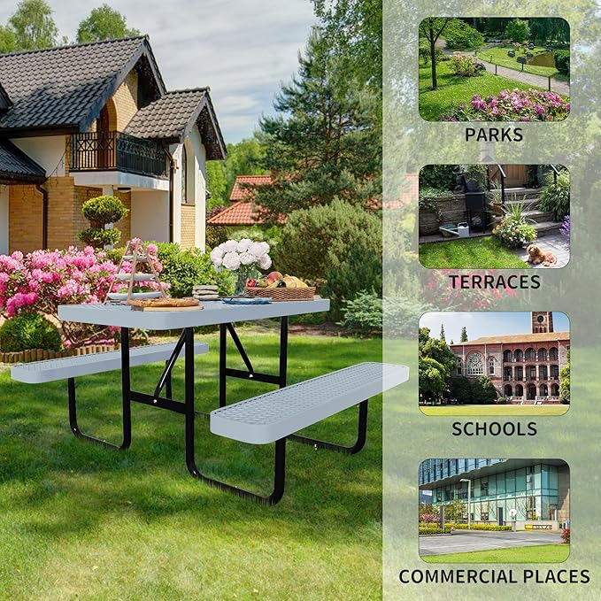 HIMcup 48'' Rectangular Steel Picnic Table for Outdoors,Commercial Metal Picnic Table Bench Set with Umbrella Hole,School Canteen Table W/Seats - Heavy Duty Sturdy Picnic Tables for Patio Garden