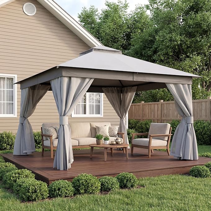 LAUSAINT HOME Outdoor Patio Gazebo 12'x12' with Expansion Bolts, Heavy Duty Party Tent & Shelter with Double Roofs, Mosquito Nettings and Privacy Screens for Backyard (Grey)
