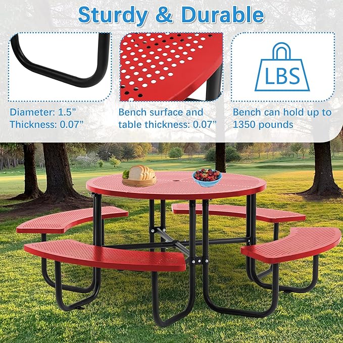 KUFUH 46" Coated Round Metal Picnic Table for 4-8 Person, Durable Heavy Duty Commercial Picnic Table with Umbrella Hole for Outdoor Coffee Shop, School, Easy to Install, Red