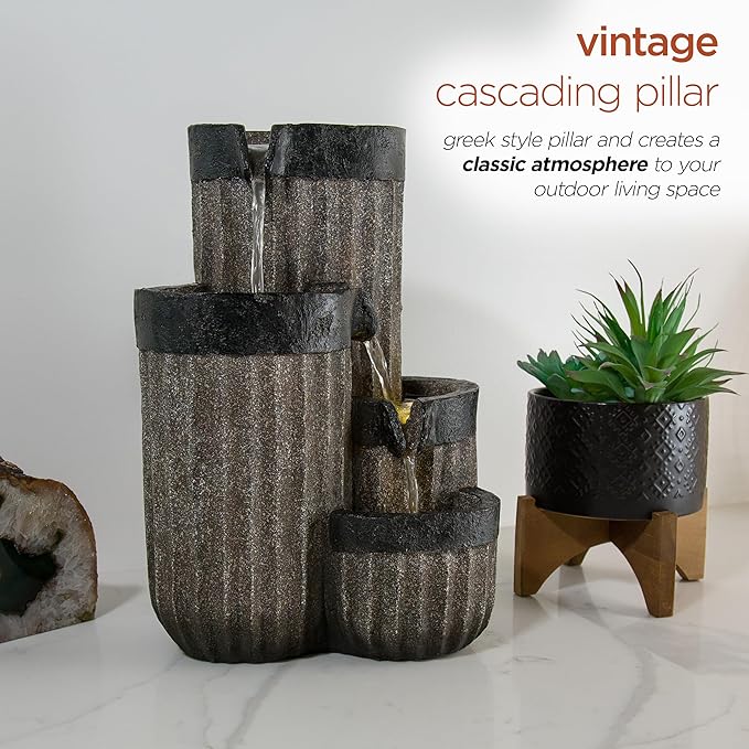 Alpine Corporation WIN1372 14" Tall Cascading Tabletop Fountain with LED Lights – Decorative Indoor Water Feature for Desk, Patio, and Home Décor, Gray