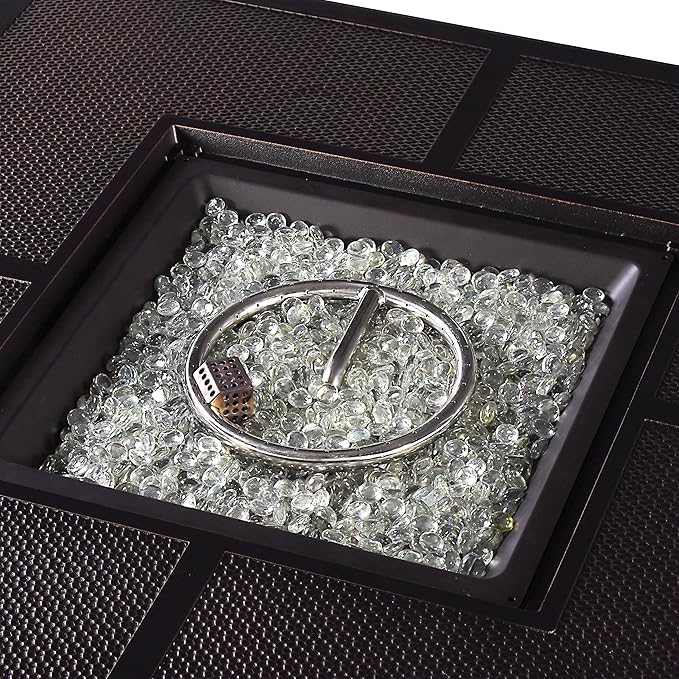 Oakland Living Black Aluminum Patio Fire Table Set with Two Deep Seating Loveseat with Cushions and Two Club Chairs with Light Grey Cushions