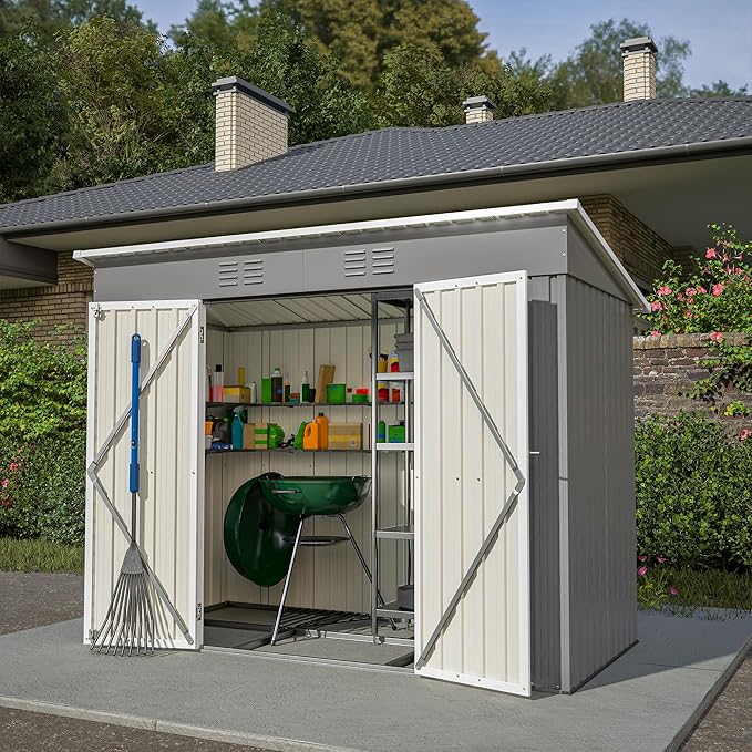 Outdoor Storage Shed, 8 X 4 FT Large Metal Utility Tool Sheds with Floor Frame, Steel Garden Shed for Backyard Garden Patio Lawn