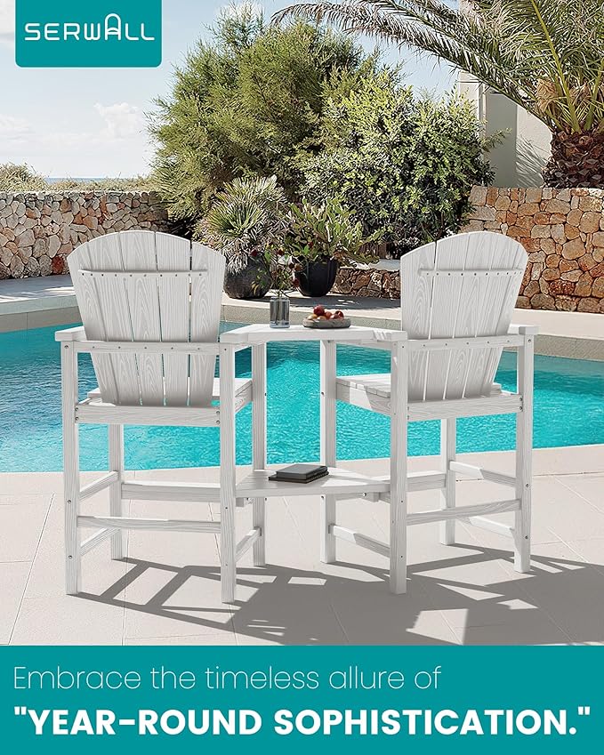 SERWALL Tall Adirondack Chairs Set of 4 with Double Layer Connecting Tray, HDPE Bar Height Outdoor Chairs, Wood-Like Adirondack Bar Stools for Patio, Balcony, Porch, White