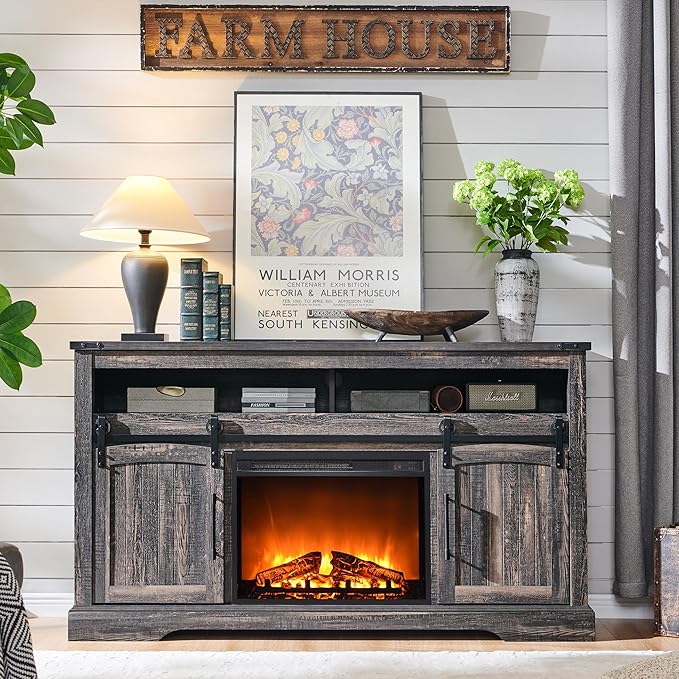 OKD Farmhouse Fireplace TV Stand for 70 Inch TV, 34" Tall Highboy Entertainment Center w/Electric Fireplace, Rustic Media Console w/Sliding Arched Door for Living Room,Dark Rustic Oak