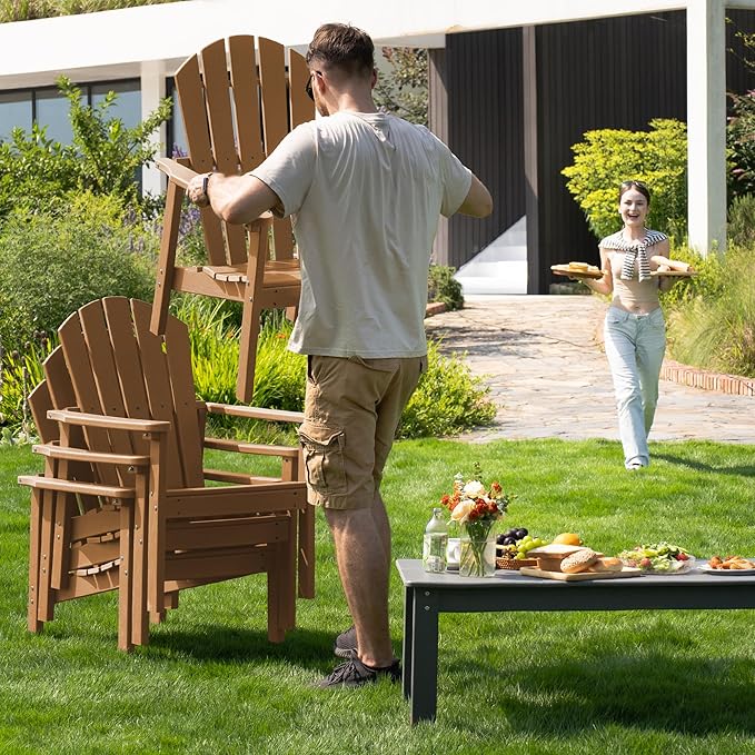 nevilywood Compact Stackable Adirondack Chairs, 26.3" Wide HDPE Outdoor Patio Chairs - Durable, Space-Saving Design for Porch, Lawn or Garden, Teak