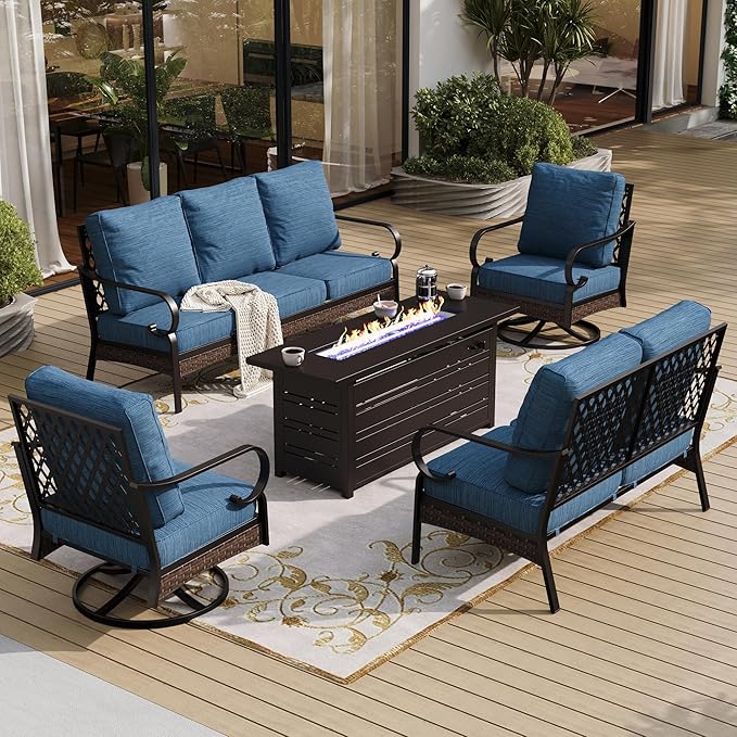 SUNSHINE VALLEY 5 Piece Metal Outdoor Patio Furniture Set with Firepit Table, Patio Conversation Sets 1 3-Seater Sofa, 1 2-Seater Loveseat, 2 Swivel Chair with 5.75" Cushion for Backyard Deck, Blue-2