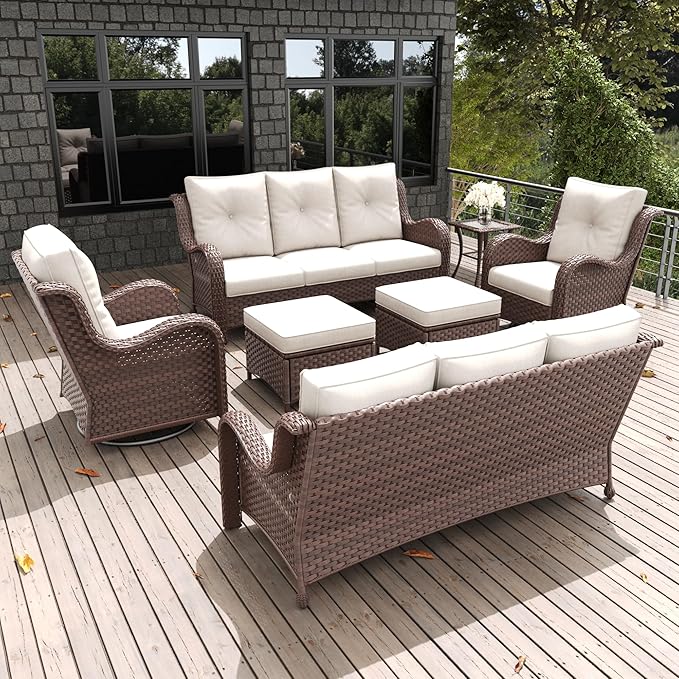 LayinSun 7 Pieces Outdoor Patio Furniture Set, Rattan Wicker Sectional Swivel Rocker Chairs Sets with Ottomans, Swivel Glider Chairs and Coffee Table