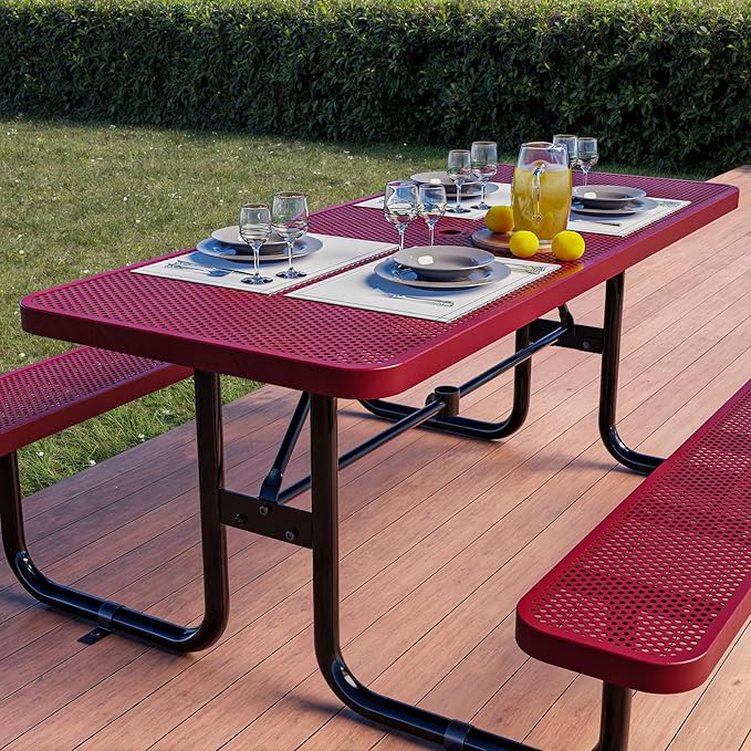 Commercial Heavy-Duty Metal Picnic Table - ADA Compliant, Adjustable Seats, Umbrella Hole (Red, 6' Rectangular, Punched Steel)