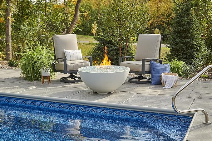 Outdoor GreatRoom Co Propane Fire Pit Table - Cove Gas Fire Pits for Outside Patio - 42 Inch Round Edge Bowl Concrete Firepit Fire Table, Glass Tabletop Cover, Tempered Clear Glass Gems, 105,000 BTU