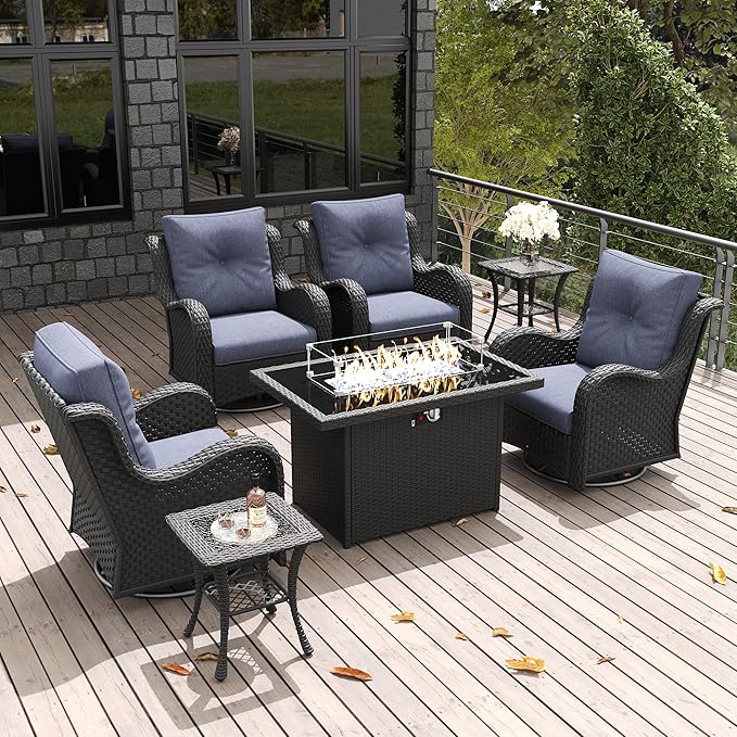 LayinSun 7 Pieces Outdoor Patio Furniture Set with Fire Pit Table, Rattan Wicker Swivel Rocker Chairs Sets with Swivel Glider Chairs and Coffee Table