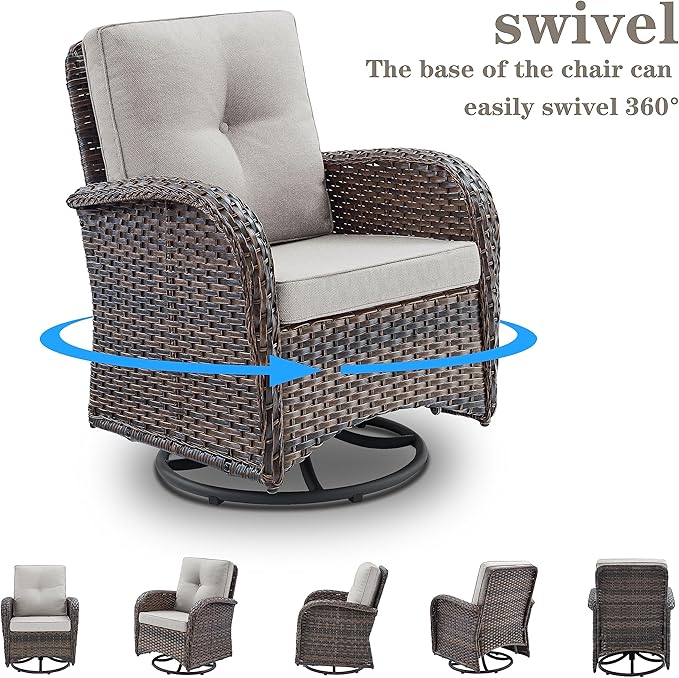 Patio Furniture Swivel Glider PE Wicker Chairs, Outdoor Swivel Rocker Seating with Cushions for Porch Deck Balcony, Brown/Beige