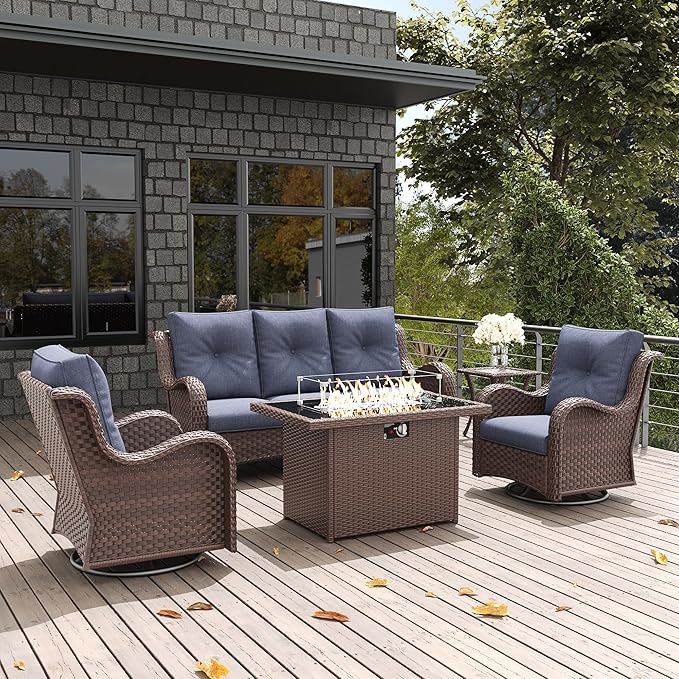 LayinSun 5 Pieces Outdoor Patio Furniture Set with Fire Pit Table, Rattan Wicker Sectional Swivel Rocker Chairs Sets with Swivel Glider Chair and Coffee Table