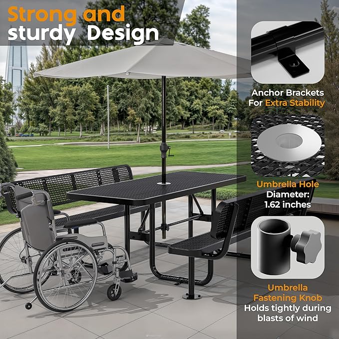 Commercial Heavy-Duty Metal Picnic Table with Backrest - ADA Compliant, Adjustable Seats, Umbrella Hole, Expanded Metal (Black, 6' Rectangular with Back)