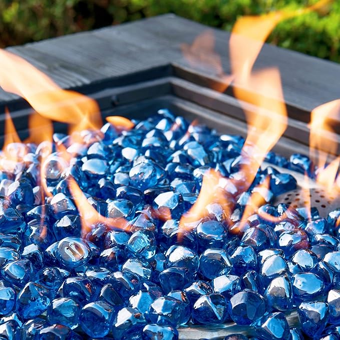 Fire Glass Diamond 1 Inch Fire Pit Glass Rocks for Propane or Gas Fire Pit 10 Pounds, Sapphire Luster(Gift Package)