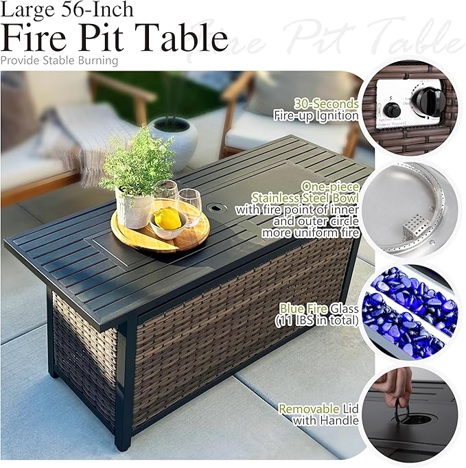 Sophia & William Patio Furniture Set with Fire Pit Table, Large Outdoor Wicker Rattan Sectional Sofa 8 Piece Patio Conversation Set for Deck, Backyard, Porch, Outside(56-Inch Fire Pit,Beige)