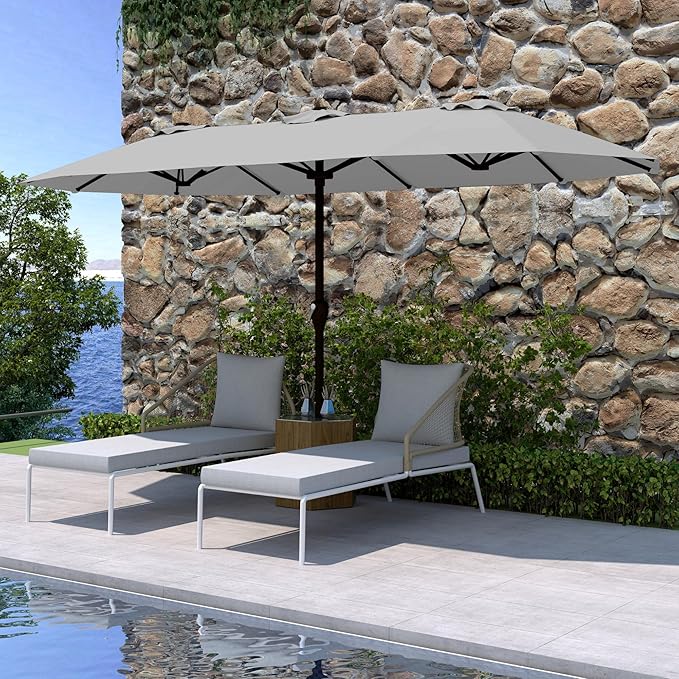 15FT Double Sided Patio Umbrella with Base Included Large Outdoor Market Umbrella with Crank Handle, UV Resistant Canopy, Sturdy Frame for Garden, Poolside, Deck, Light Gray
