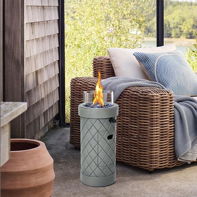 1Lb Column Propane Fire Pit, 10,000 BTU Gas Fire Pit, Outdoor Firepit for Patio w/Wind Glass Shield, Glass Rocks