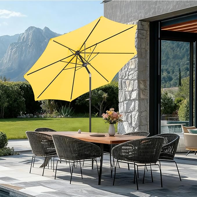 9FT Large Outdoor Patio Umbrella Market Table Umbrella-UV Resistant, Easy Push Button Tilt and Crank, 8 Sturdy Ribs Heavy-Duty Pool Umbrella for Deck, Backyard,Garden,Yellow