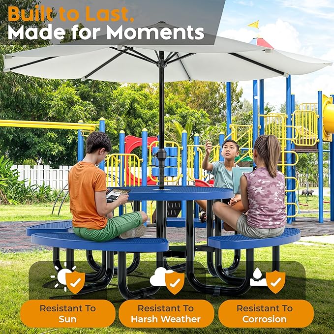 OUTTANS Round Metal Picnic Tables for Kids for Outdoors with Umbrella Hole, Adjustable Seats for School, Park, Playground(Blue, 38 in, Kids, Expanded Steel)