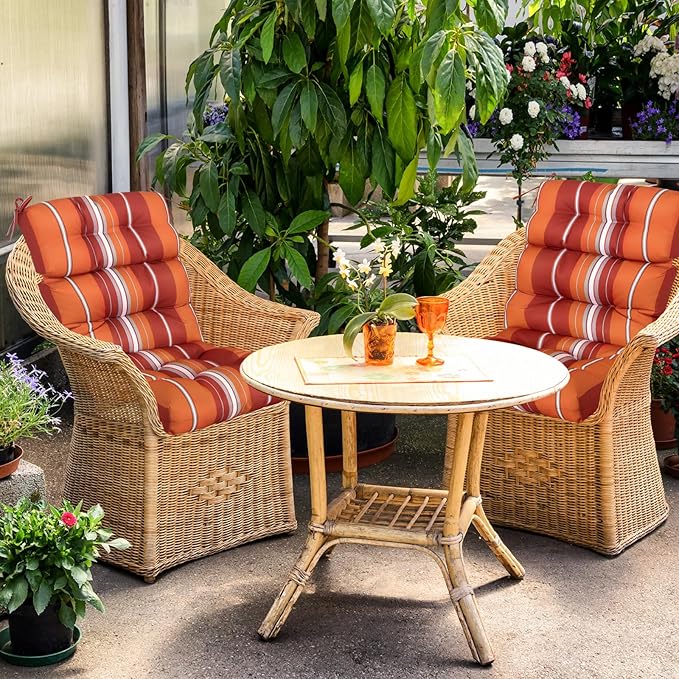 EAGLE PEAK Tufted Outdoor/Indoor High Back Patio Chair Cushions, Set of 4, 46'' x 22'', Red Stripes