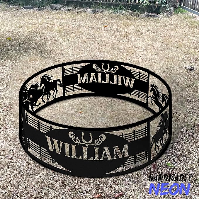 Horses Personalized Fire Pit Ring Racing Horse Custom Name Metal Campfire Ring 360 Degree Firepit Outdoor BBQs Backyard Camping Garden Western Decor Gifts for Father Dads Cowboy