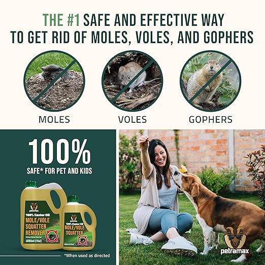 PetraMax Castor Oil Mole Repellent for Lawns - Best Anti Mole and Vole Repellent of Outdoor Space - How to Get Rid of Moles in My Yard, Garden Or Lawn, Safe and Effective Vole Deterrent (135 fl oz)