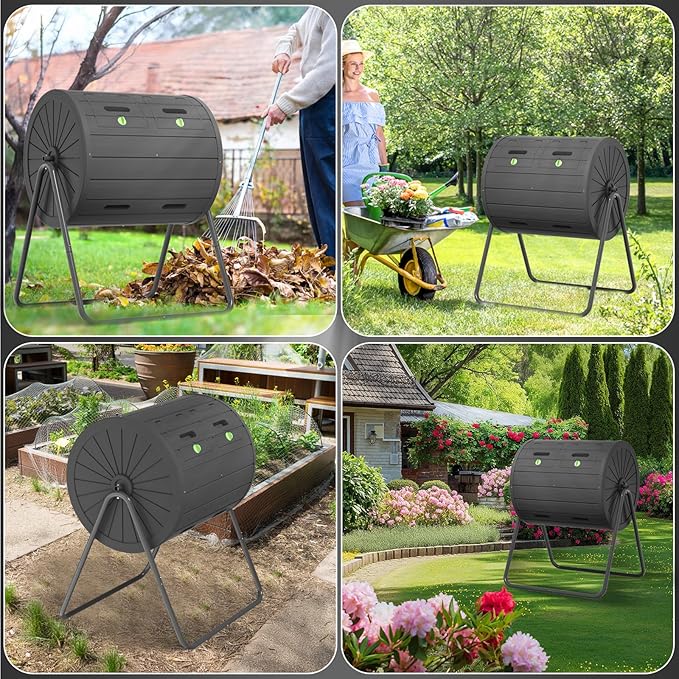 Dual Chamber Tumbling Composter 45 Gallon Large Outdoor Tumbling Composter Efficient Batch Composting Easy Turn Design (Black 45Gal)