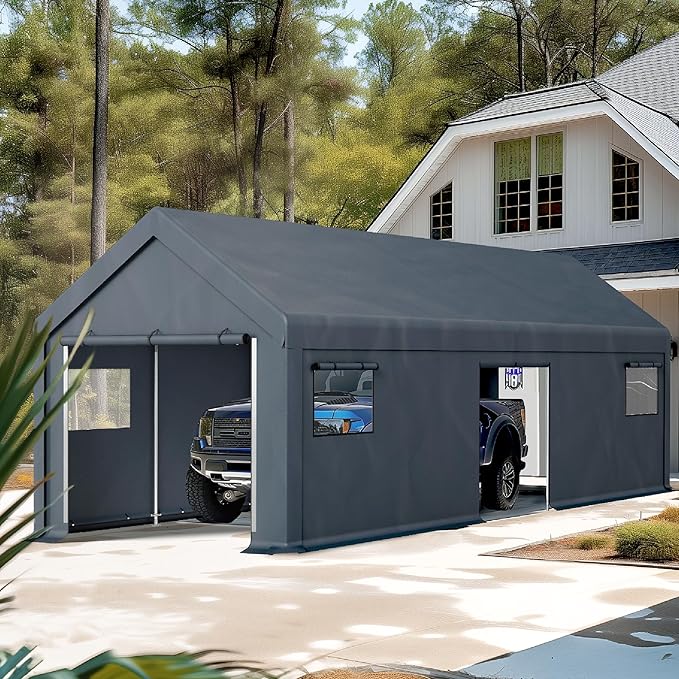 PHI VILLA 13'x24'x9.6' Outdoor Portable Storage Shelter Shed Garage with Roll up Zipper Doors & Vents Carport for Motorcycle Waterproof and UV Resistant Anti-Snow Portable Garage Kit Tent, Gray