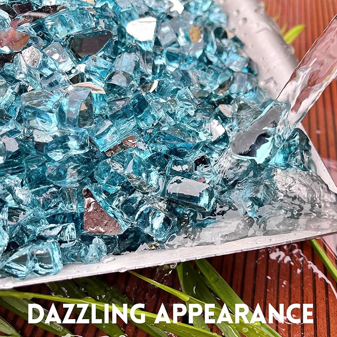 GasSaf 1/2 Inch Fire Glass Reflective Tempered Fireglass Cut Crushed FireGlass for Fire Pit, Fireplace, Replaces Existing Gas Logs & Lava Rocks (10 Pound)(Caribbean Blue Reflective).