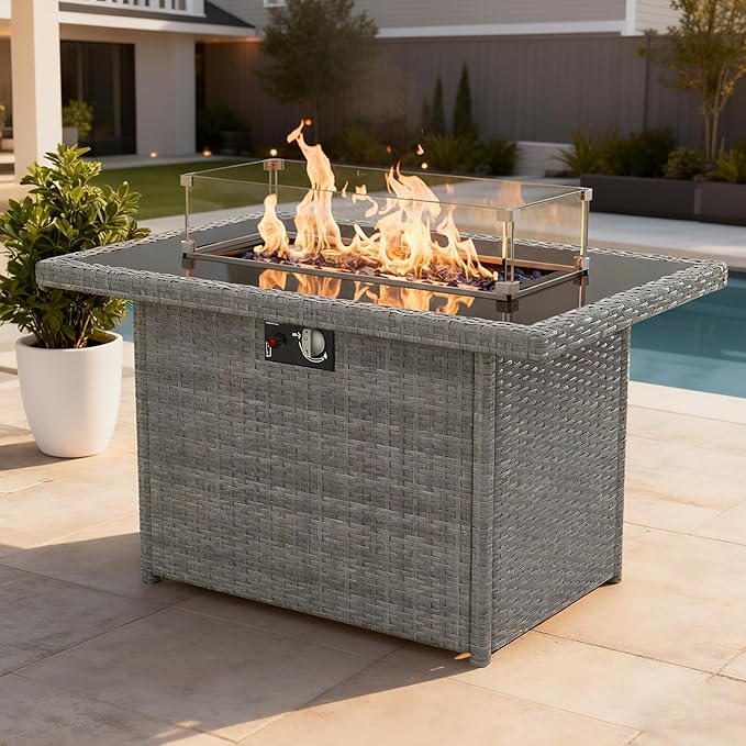 Propane Fire Pit Table, 44" Outdoor Gas Fire Pit with Glass Wind Guard & Waterproof Cover