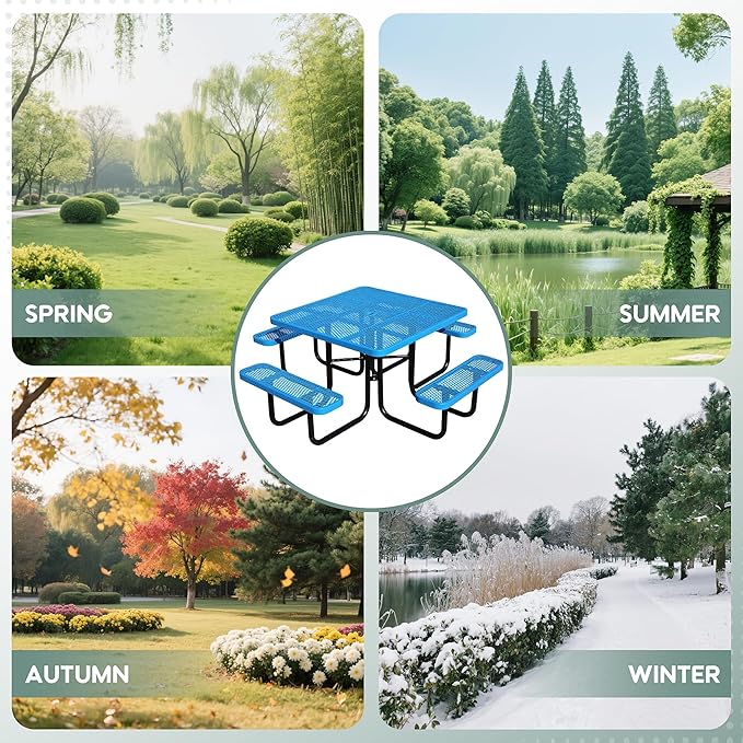 46Inch Square Picnic Table for 8 Person, Outdoor Heavy Duty Sturdy Picnic Tables with 4 Benches & Umbrella Hole, Commercial Metal Patio Picnic Table for Garden, BBQ, Coffee Store, Party, Porch (Blue)