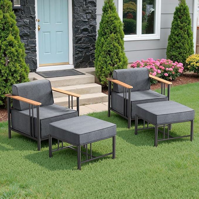Luxury Patio Chairs with 10" Extra Thick Cushions, Outdoor Chairs with Ottomans, 4 PCS Outdoor Furniture Set for Porch, Balcony, Deck, Patio, Yard, Poolside, Black/Grey