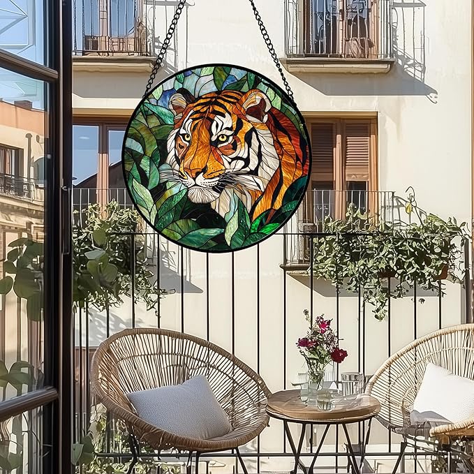 AMDERVEN Stained Glass Window Hanging, Fierce Tiger Sun Catcher for Door Home Decor Wild Animals Suncatcher Christmas Mother's Day Birthday Gifts for Women Men Mom and Nana 7.8 in