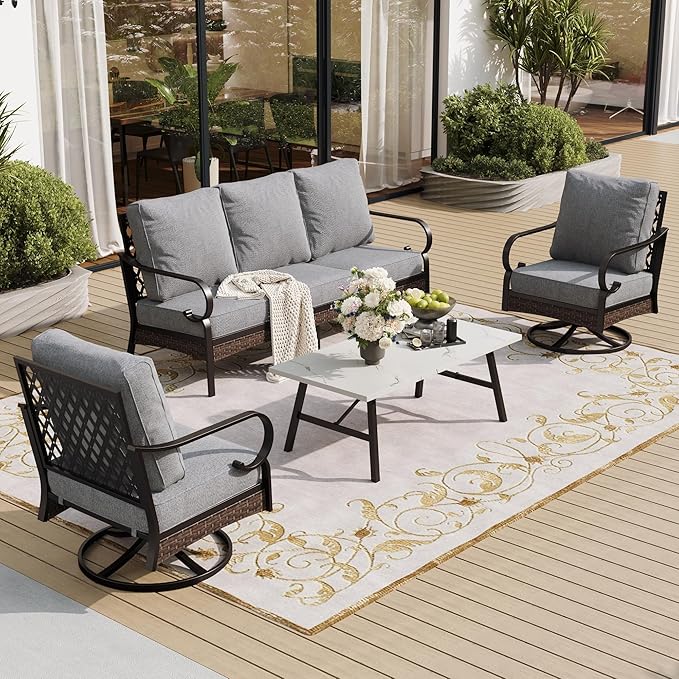 SUNSHINE VALLEY 4 PCS Metal Outdoor Patio Furniture Set, Patio Conversation Sets 1 3-Seater Sofa, 2 Swivel Chairs with 5.75" Extra Thick Cushion & Coffee Table, Black Frame Backyard Furniture, Gray