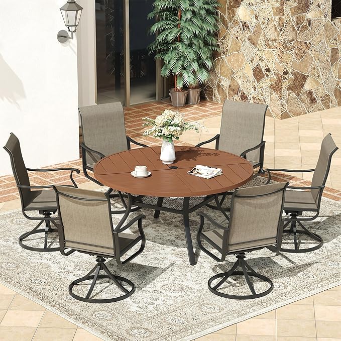 VICLLAX Round Patio Dining Table, 4-6 Person Metal Outdoor Dining Table with Umbrella Hole and Storage Shelf for Garden Lawn Deck, 47.2" Walnut