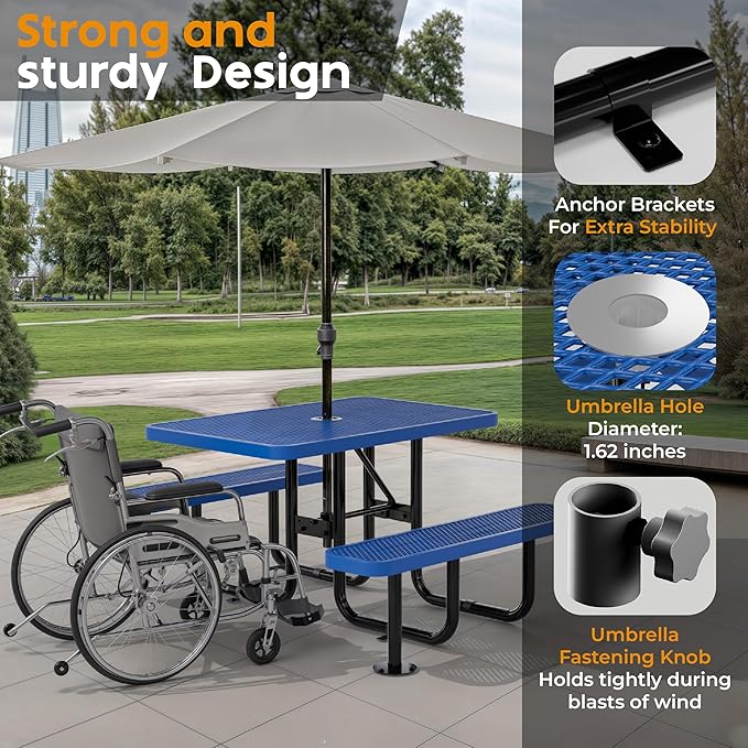 Commercial Heavy-Duty Metal Picnic Table - ADA Compliant, Adjustable Seats, Umbrella Hole, Expanded Metal (Blue, 4' Rectangular)