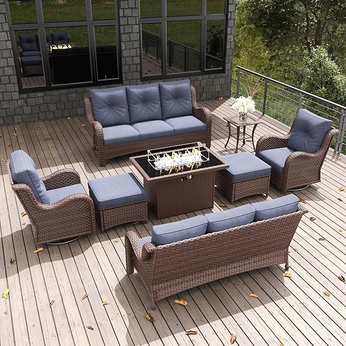 LayinSun 8 Pieces Outdoor Patio Furniture Set with Fire Pit Table, Rattan Wicker Sectional Swivel Rocker Chairs Sets with Ottomans, Swivel Glider Chair and Coffee Table