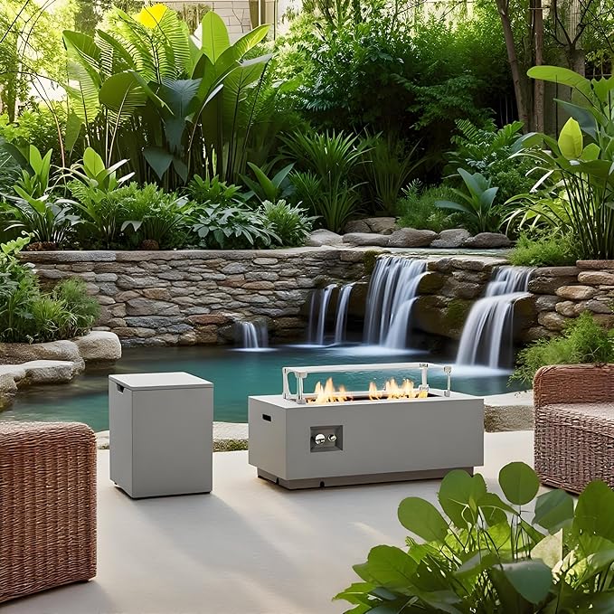 Propane Fire Pit Table 2-Pieces, 42 Inch Firepits for Outside, Rectangular Gas Fire Pit for Outside Patio, Propane Fire Table with Tank Cover for Patio, Backyard, 50000BTU, Gray