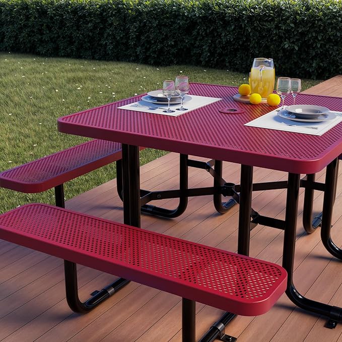 Metal Picnic Tables for Outdoors with Umbrella Hole - Coated Steel Heavy Duty Commercial Grade Furniture with Adjustable Seats (Red, 46 in, Square, Punched Steel)
