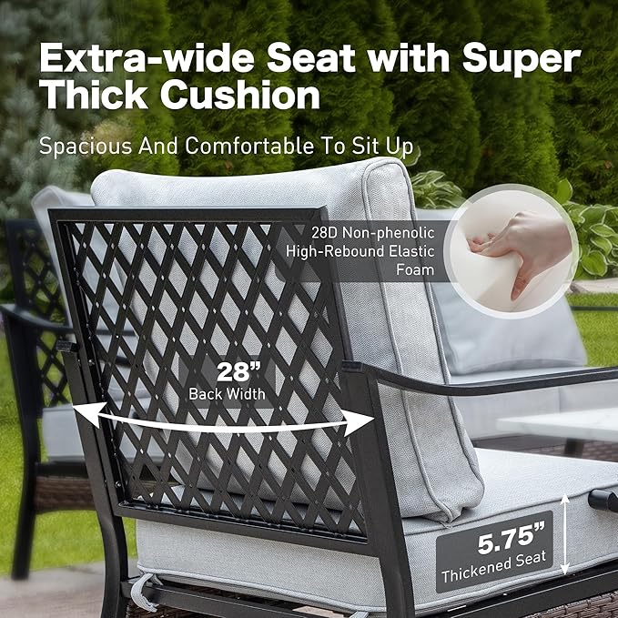 SUNSHINE VALLEY 5 Piece Metal Outdoor Patio Furniture Sets with Firepit Table, Patio Conversation Sets 1 3-Seater Sofa, 1 2-Seater Loveseat, 2 Swivel Chair with 5.75" Cushion for Backyard, Light Gray