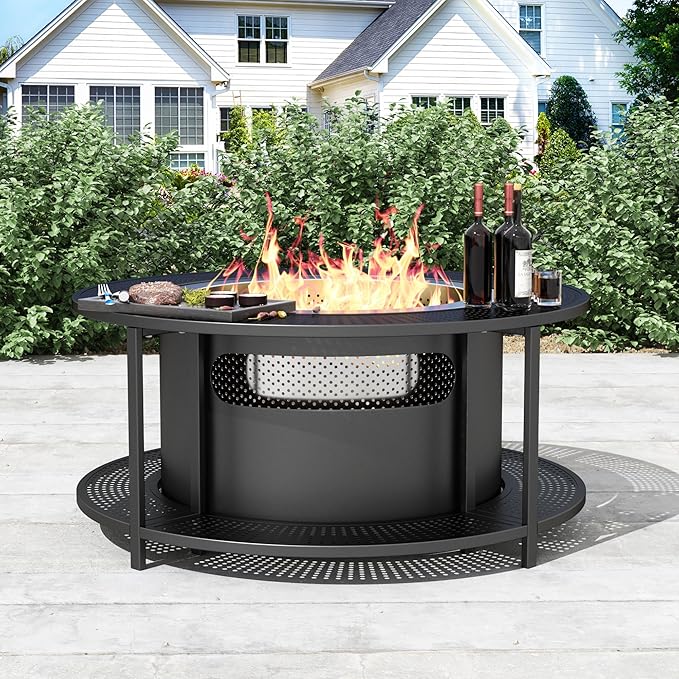 ALAULM 37 Inch Smokeless Fire Pit Tabletop, Stainless Steel Wood Burning Firepit for Outdoor Patio, Includes Weather-Resistant Cover