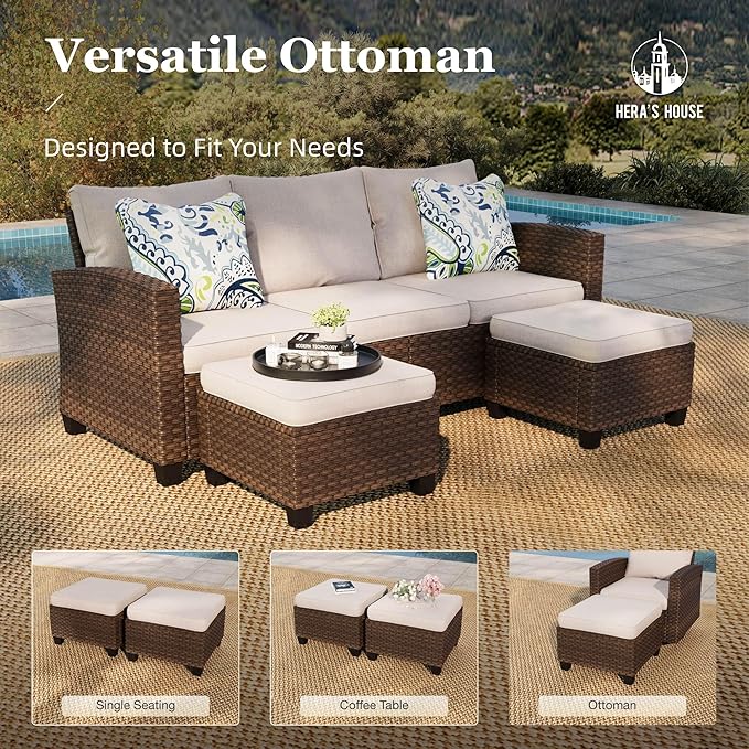 HERA'S HOUSE Patio Furniture Set, Outdoor Wicker Furniture with Fire Pit, 8 Pieces Deep Seating Outdoor Conversation Sofa Sets with Thick Cushions for Deck Backyard Lawn, Beige