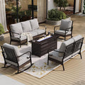 SUNSHINE VALLEY 5 Piece Black Metal Outdoor Patio Furniture Sets with Firepit Table, Patio Conversation Sets 1 3-Seater Sofa, 1 Loveseat, 2 Rocking Sofa with 5.75" Cushion for Backyard, Light Gray