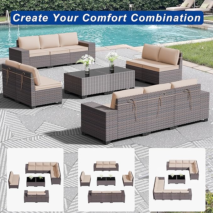 Outdoor Patio Furniture Set, 12 Pieces Outdoor Sectional Furniture High Backrest Patio Sofa, All-Weather PE Rattan Patio Conversation Set with Coffee Table & Cushions(Brown).