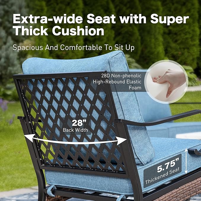 SUNSHINE VALLEY 5 Piece Metal Outdoor Patio Furniture Sets with Firepit Table, Patio Conversation Sets 1 3-Seater Sofa, 1 Loveseat, 2 Single Sofa with 5.75" Cushion for Backyard Deck, Denim Blue