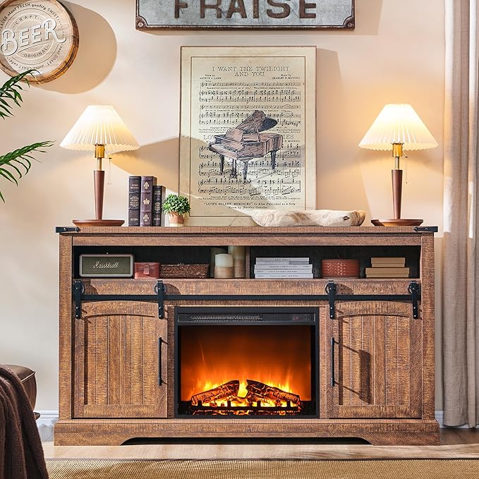 OKD Farmhouse Fireplace TV Stand for 70 Inch TV, 34" Tall Highboy Entertainment Center with 23" Electric Fireplace, Rustic Media Console w/Sliding Arched Door for Living Room,Reclaimed Barnwood