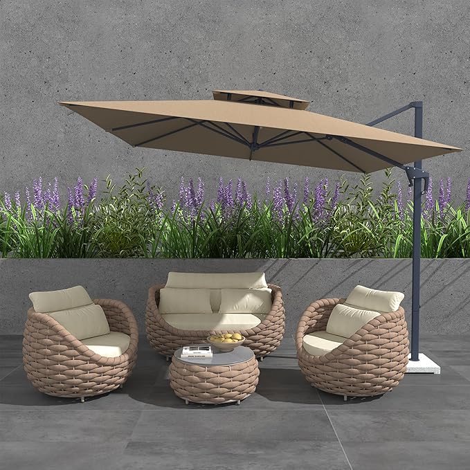 TWT 5 Pieces Patio Furniture Set, Outdoor Rope Conversation Sectional Patio Sofa with 5 Seater for Backyard, Porch, Modern Armchairs with Thickness Cushions and Side Table, Light Brown
