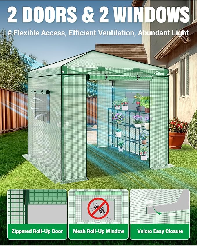 8x8 Instant Pop up Greenhouses, Indoor Outdoor Portable Greenhouse Walk-in for All Season, Small Green House with Roll-Up Zipper Doors and Side Windows, 4 Sandbags, Pe Cover, Green/Clear
